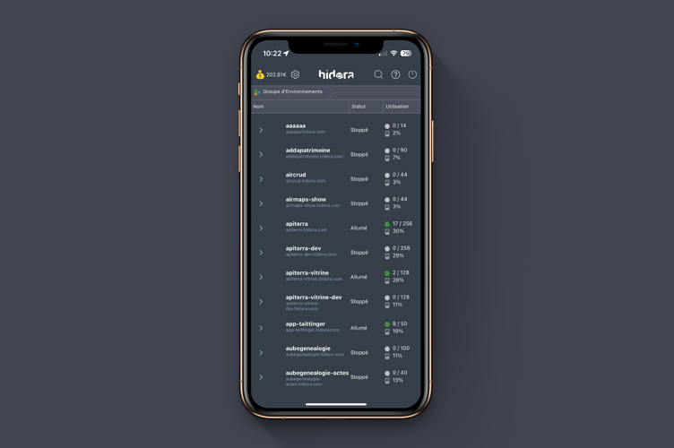 Application mobile Hidora - Liste des environnements