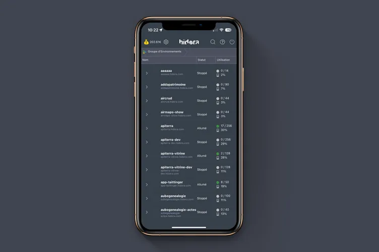 Application mobile Hidora - Liste des environnements